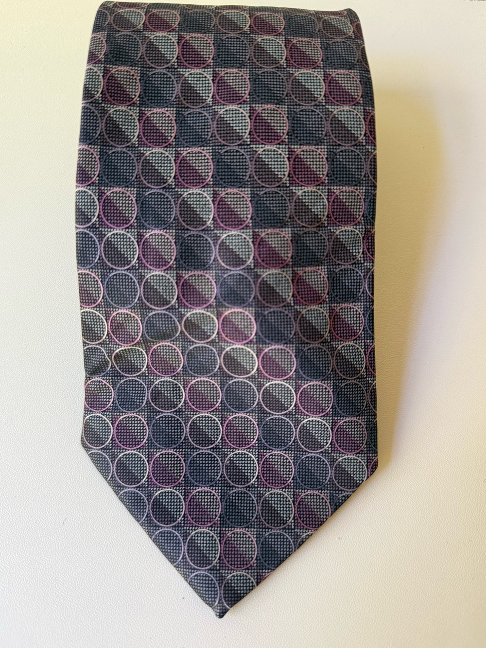 DKNY Gray Tie with Purple and Silver Circle Pattern